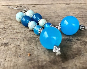 Blue Agate & Jasper Earrings, Boho Gemstone Dangle Earrings, Chakra Healing Crystal Statement Jewelry, Birthstone Gift for Girlfriend,