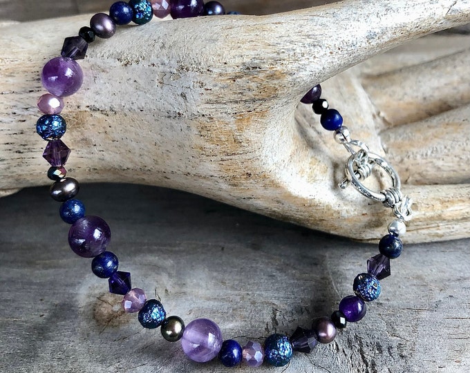 Titanium Agate Druzy Amethyst Quartz Crystal & Freshwater Pearl Bracelet - 8 inch*