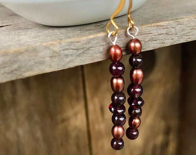 Deep Red Garnet & Rose Gold Pearl Earrings