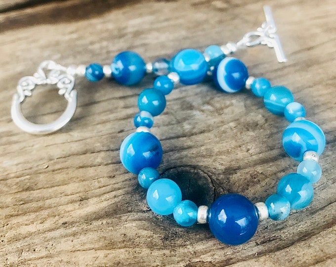 Blue Agate & Silver Bracelet, Jewelry Lovers Boho Healing Crystal Gemstone Statement Jewelry, Best Friend 25th Birthday Gift for Girlfriend