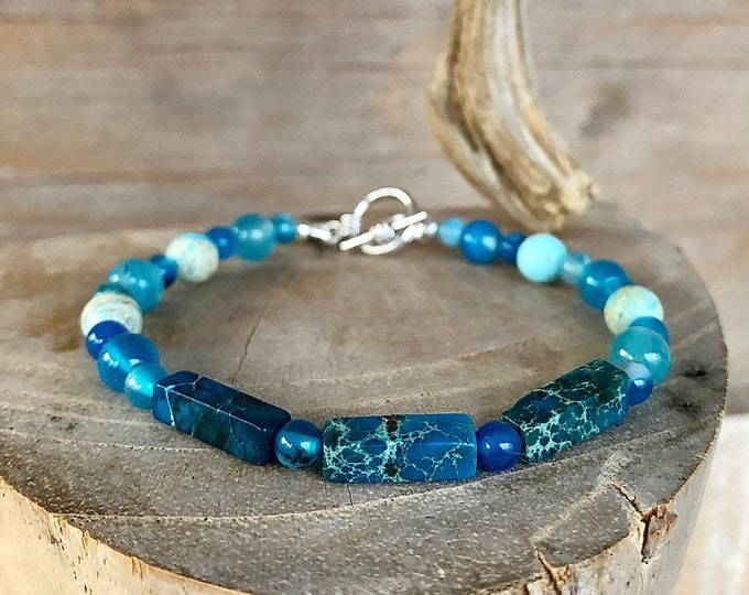 Blue Jasper Agate & Pearl Bracelet - 8 inch*