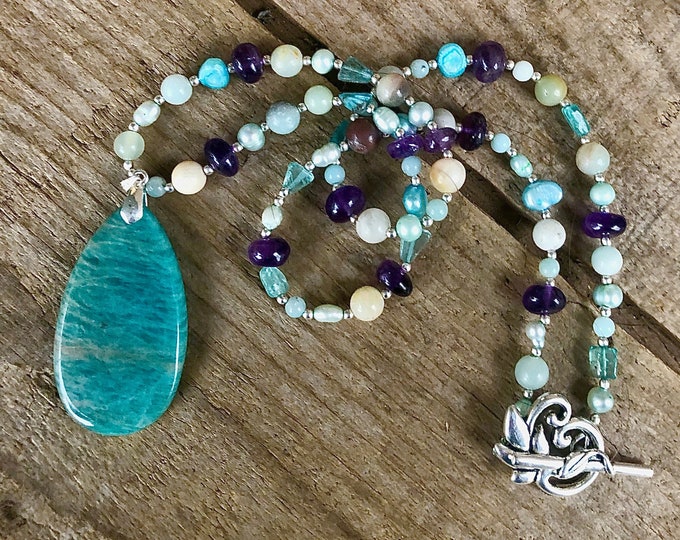 Blue Amazonite, Freshwater Pearl & Purple  Amethyst Necklace - 24 inch