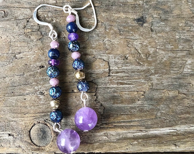 Titanium Agate Druzy, Amethyst, & Quartz Crystal Earrings - 2.5 inch