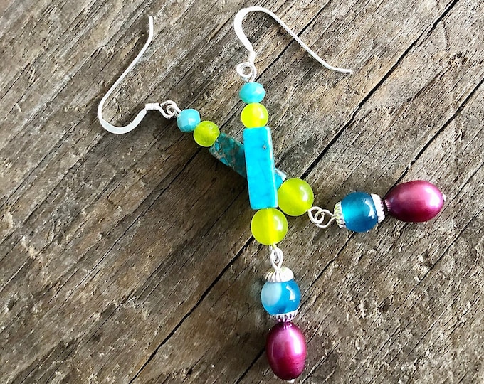 Jasper, Agate, Pearl, Quartz Crystal & Peridot Earrings