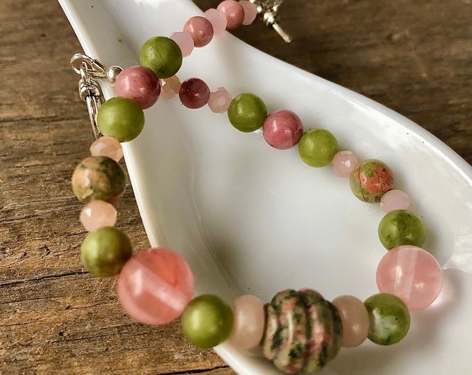 Unakite Jade Rose & Cherry Quartz Rhodochrosite Bracelet - 7.25 inch*