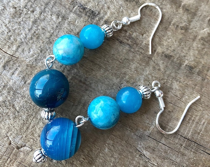 Blue Topaz & Agate Drop Earrings - 2.5 inch