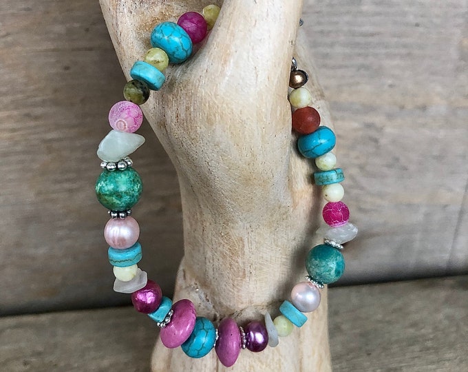 Turquoise, Quartz, Pearl, Jade, Howlite & Silver Bracelet