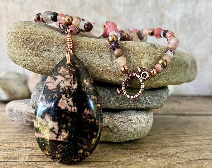 Rhodonite, Rhodochrosite, Cherry Quartz & Copper Necklace