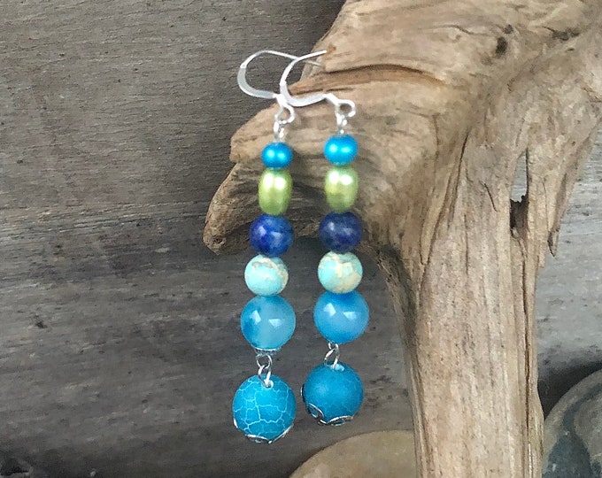 Blue Agate Jasper & Freshwater Pearl Drop Earrings - 3 inch