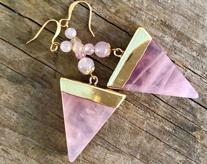 Rose Quartz & Gold Triangle Earrings