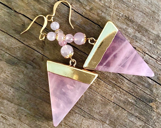 Rose Quartz & Gold Triangle Earrings - 3 inch