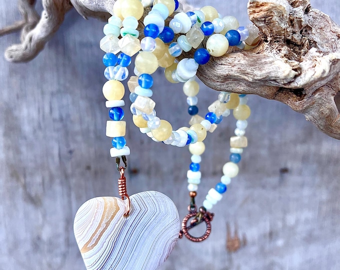 Stripes Agate Heart on Blue Aventurine Jade Quartz Crystal & Opal Necklace