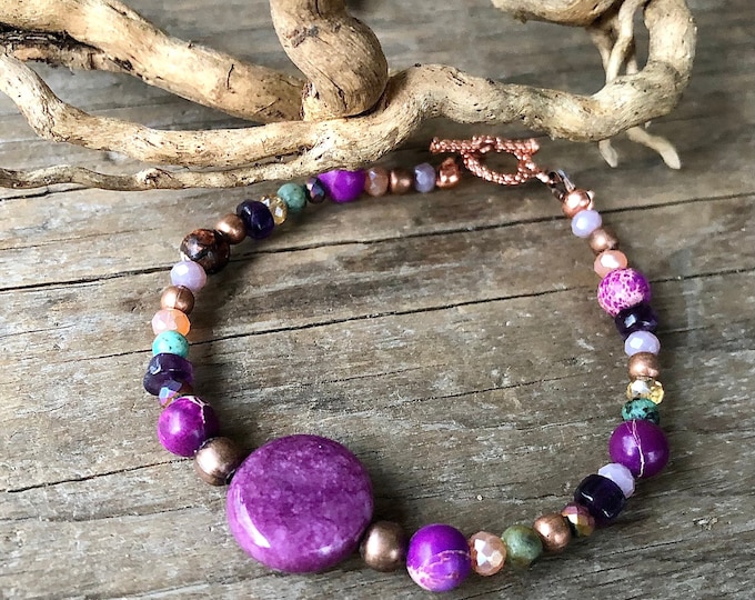 Lepidolite, Jasper, Copper Bornite, Amethyst and Quartz Crystal Bracelet