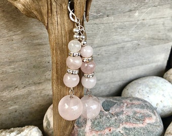 Rose Quartz Drop Earrings, Pink Quartz Gemstone Earrings,  Boho Pink Beaded Heart Chakra Jewelry, Healing Crystal Gift for Her