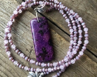 Lepidolith & Quartz Crystal Halskette, Handgemachter Boho Schmuck