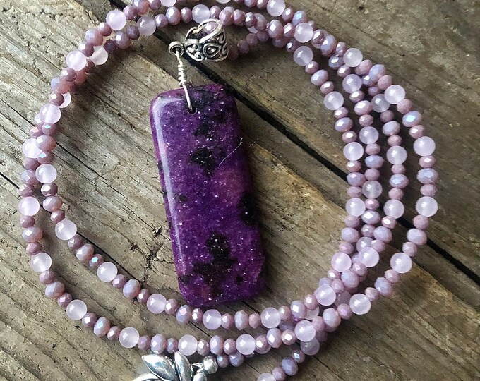 Purple Lepidolite & Quartz Crystal Necklace - 32 inch