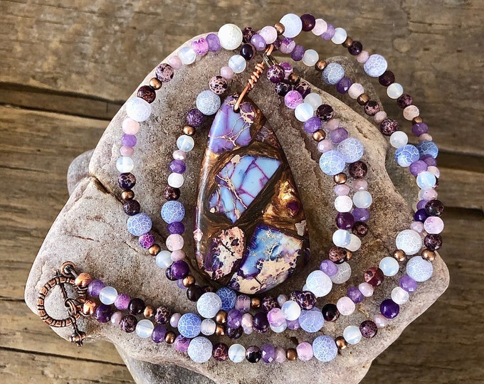 Ocean Jasper, Copper Bornite, Quartz Crystal, and Agate Necklace
