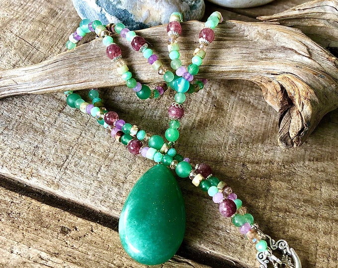 Green Aventurine Rose Quartz and Rock Crystal & Lepidolite Necklace - 26 inch