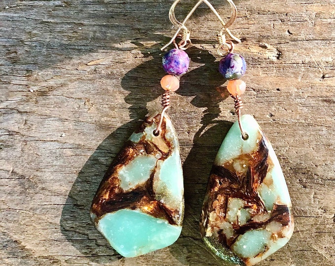 Snakeskin Jasper & Copper Bornite and Quartz Crystal Earrings - 2 inch