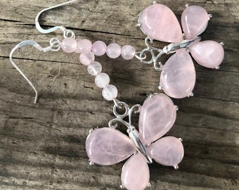 Rose Quartz Butterfly Drop Earrings, Pink Quartz Earrings, Boho Girlfriend 35th Birthday Gift for Wife, Heart Chakra Statement Jewelry
