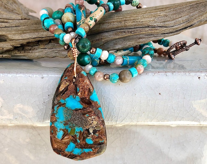 Turquoise, Sunstone, Ocean Jasper, Copper Bornite, and Quartz Crystal Necklace