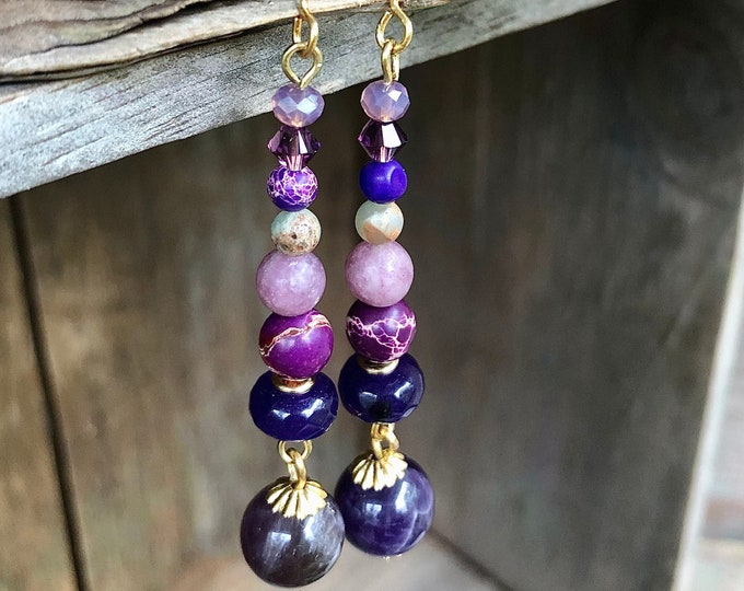 Amethyst, Snakeskin Jasper & Quartz Crystal Earrings