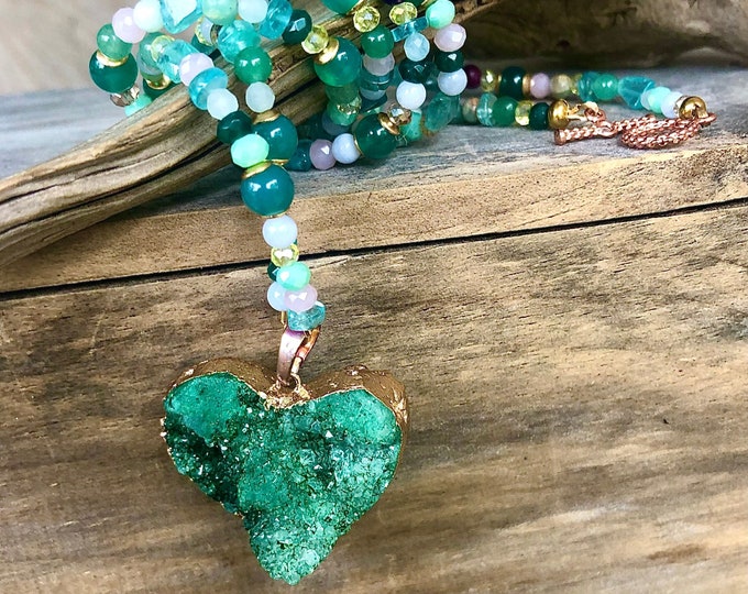 Emerald Agate Druzy  Apatite & Quartz Crystal Necklace - 27 inch