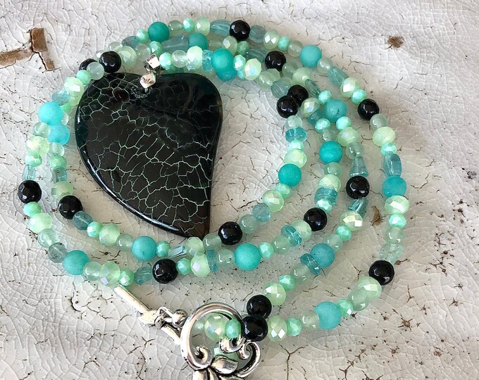 Onyx Druzy, Aventurine, Amazonite, Apatite & Quartz Crystal Heart Necklace