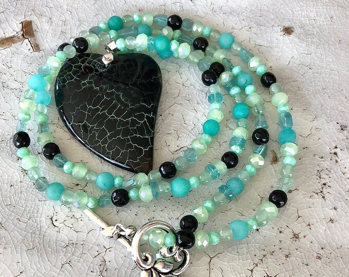 Onyx Druzy Aventurine Amazonite Apatite & Quartz Crystal Heart Necklace - 30 inch