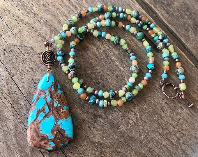 Turquoise Jasper Copper Bornite Quartz Crystal Jade & Red Aventurine Necklace - 32 inch