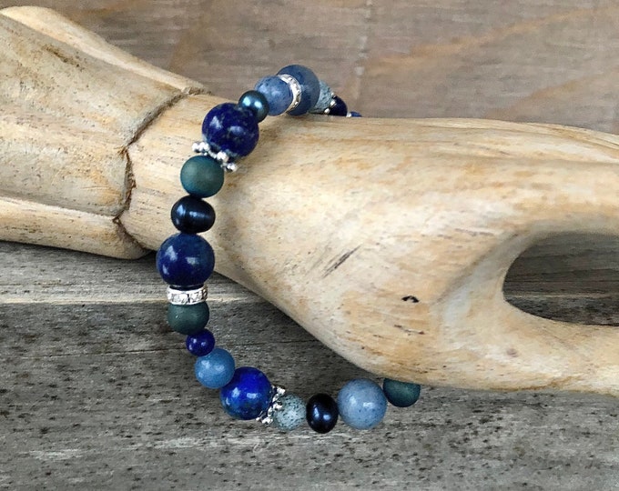 Lapis Lazuli Sodalite Freshwater Pearl & Agate Druzy Bracelet - 8 inch*