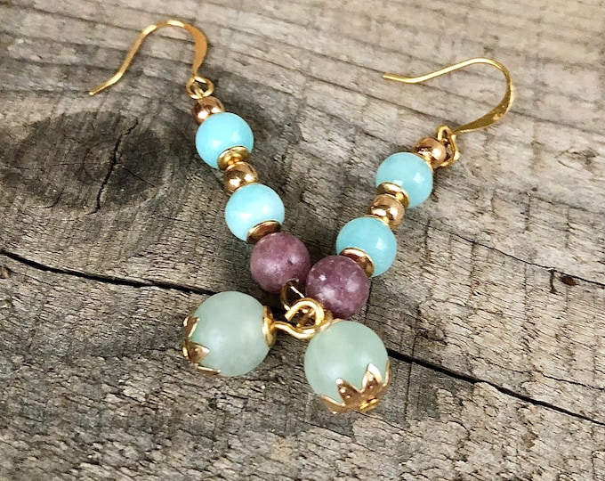 Blue Amazonite & Purple  Lepidolite Earrings - 2.5 inch