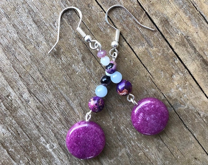 Dragon Veins Agate, Angelite, Opal, Lepidolite & Quartz Crystal Earrings