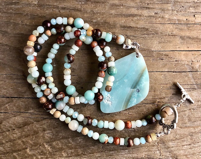 Blue Amazonite Jasper Sunstone & Quartz Crystal Necklace