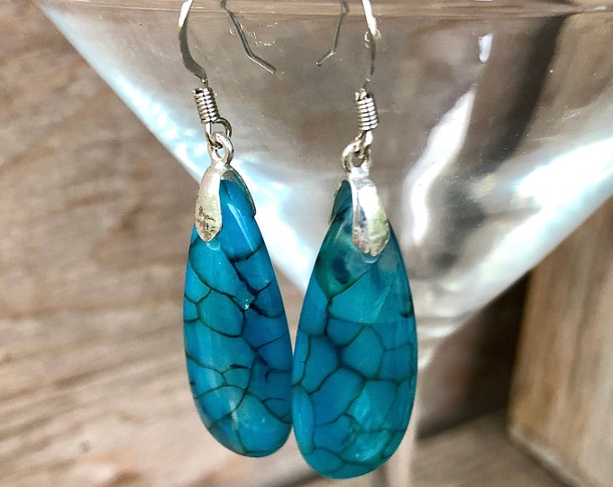 Aqua Dragon Veins Agate Earrings - 2 inch