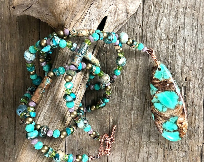 Turquoise Jasper & Copper Bornite Pendant, Quartz Crystal and Peridot Necklace - 27 inch