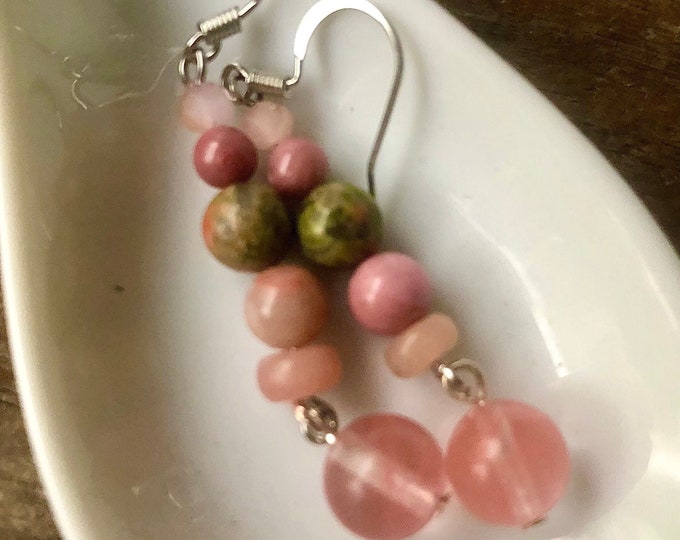 Unakite Rhodochrosite Rose & Cherry Quartz Earrings - 2.5 inch