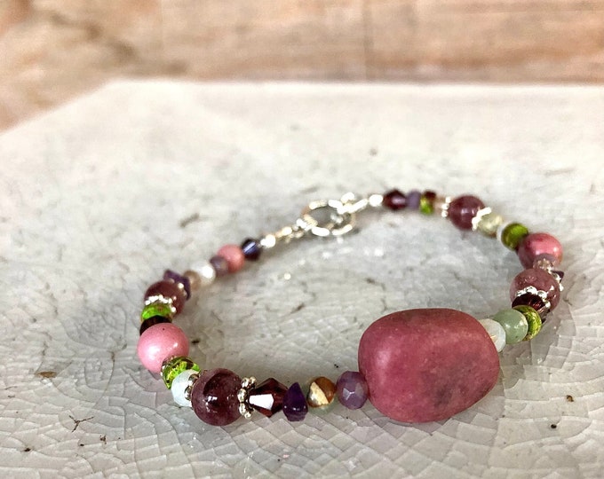 Rhodochrosite, Quartz Crystal, Snakeskin Jasper & Lepidolite Bracelet