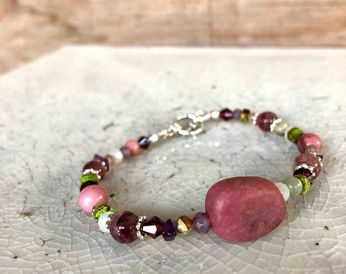 Rhodochrosite Quartz Crystal Snakeskin Jasper & Lepidolite Bracelet - 8 inch*