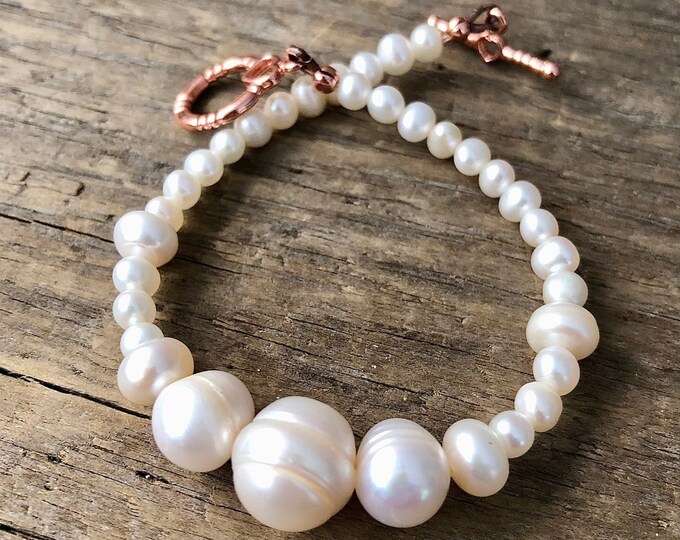 White Freshwater Pearl & Rose Gold Bracelet - 7.5 inch*