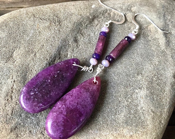 Lepidolite, Quartz Crystal & Amethyst Earrings - 2.5 inch