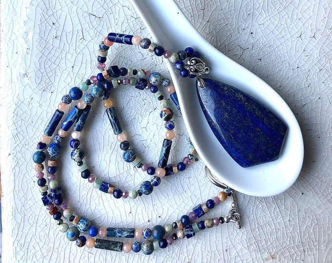 Lapis Lazuli Quartz Crystal Snakeskin Jasper & Sunstone Necklace - 32 inch