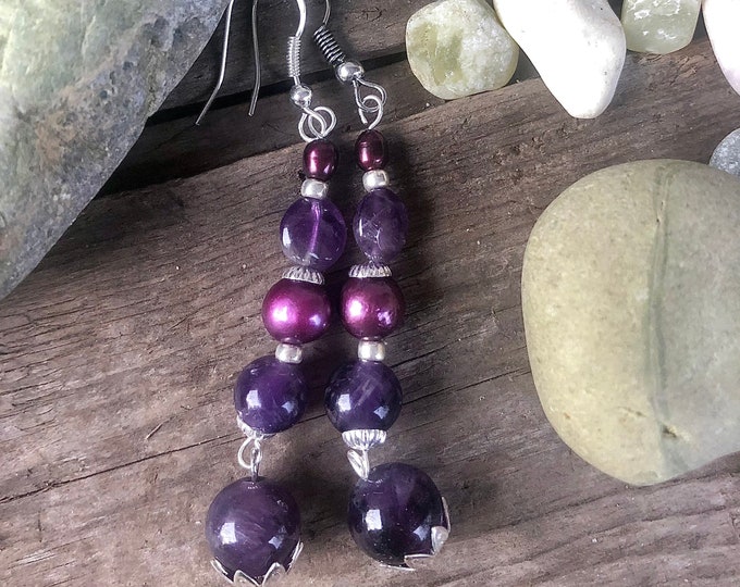 Amethyst & Pearl Drop Earrings - 3 inch