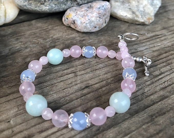 Rose Quartz Amazonite & Blue Lace Agate Bracelet - 8 inch*