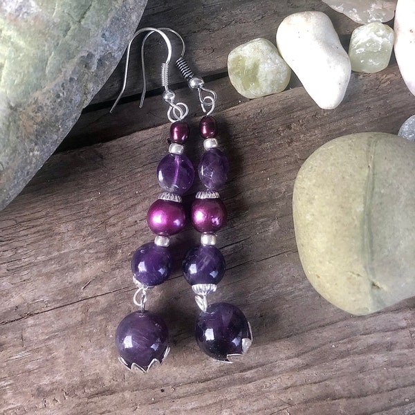 Amethyst & Pearl Drop Earrings, Boho Purple Gemstone Earrings, Natural Amethyst Earrings, Purple Pearl, Purple Amethyst Crown Chakra Jewelry