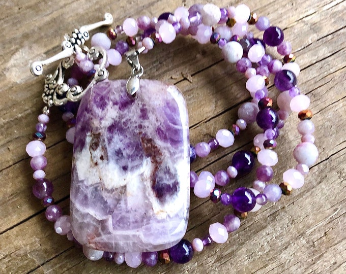 Amethyst, Lepidolite & Quartz Crystal Necklace