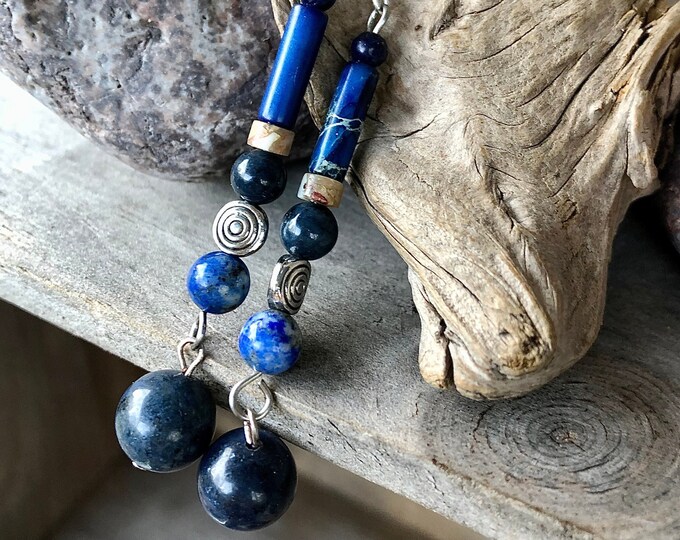 Lapis Lazuli, Snakeskin Jasper & Quartz Crystal Earrings