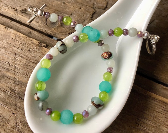 Amazonite Jasper Peridot & Quartz Crystal Bracelet - 8 inch*