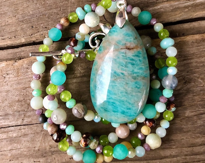 Amazonite Peridot Jasper & Quartz Crystal Necklace - 29 inch