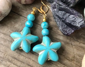 Turquoise Jasper Starfish Drop Earrings, Boho Healing Crystal Gemstone Statement Jewelry,  Mom 30th Birthday Gift for Girlfriend